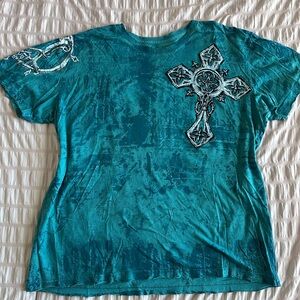 Affliction Turquoise Cross Angel Wings Graphic Tee (L)